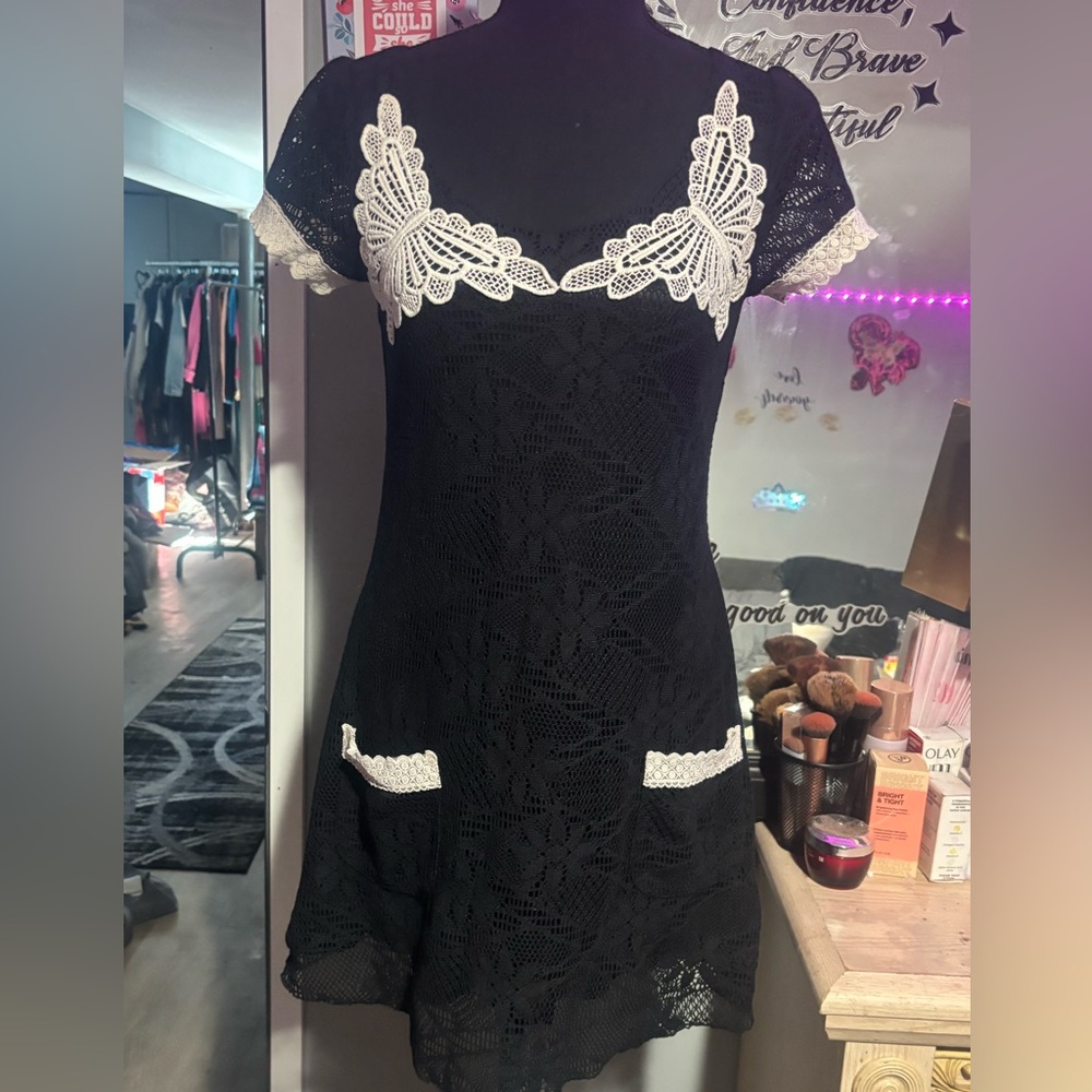 Uttam London Black Lace Mini Dress with Cream Lace Accents